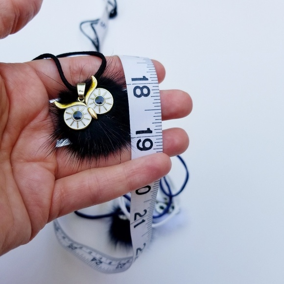 Real Fur Pom Pom Owl Long Necklace Suade - Picture 5 of 6